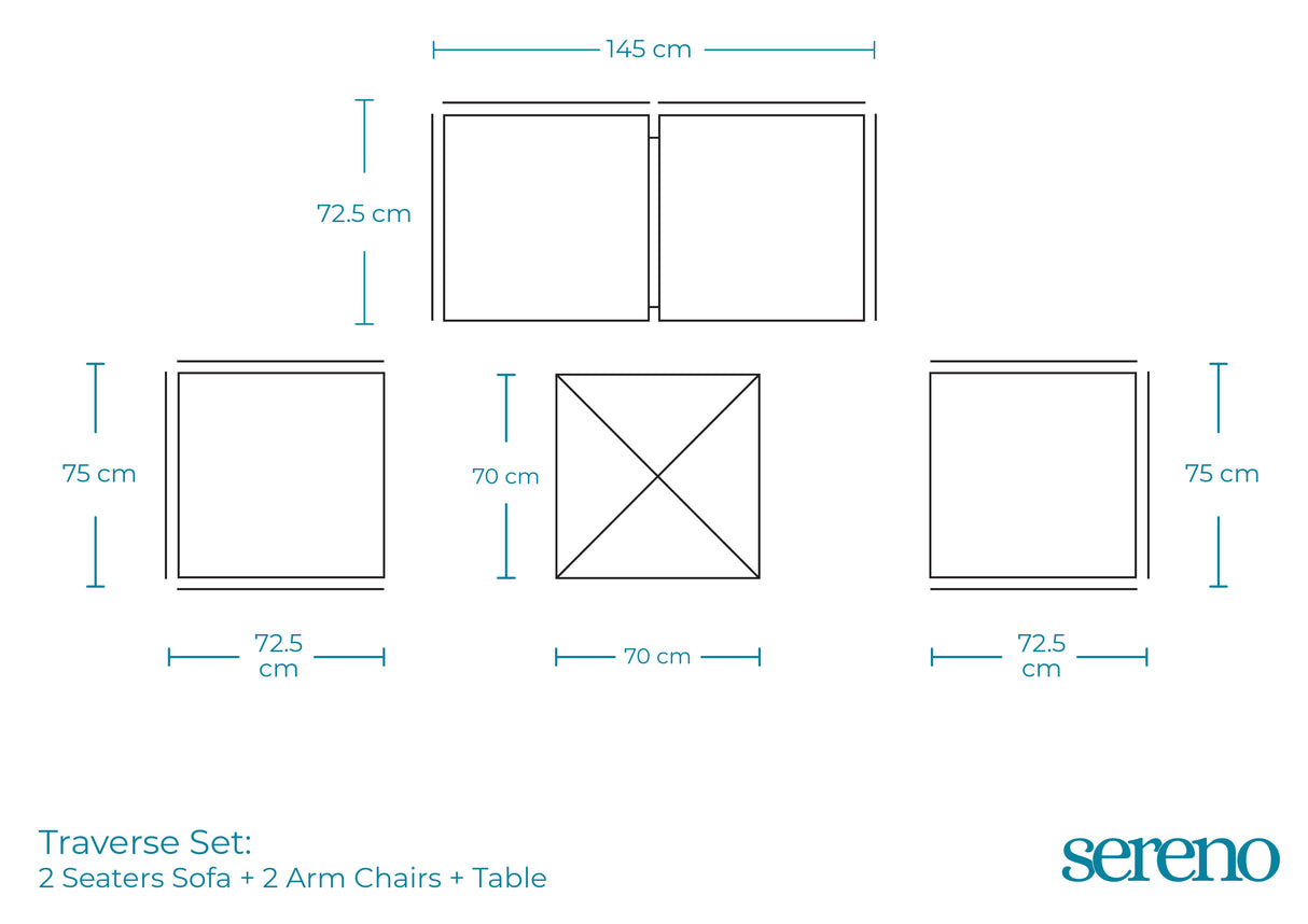 Traverse Set ( Two Seaters Sofa + Two Arm Chairs + Table) - Dimensions