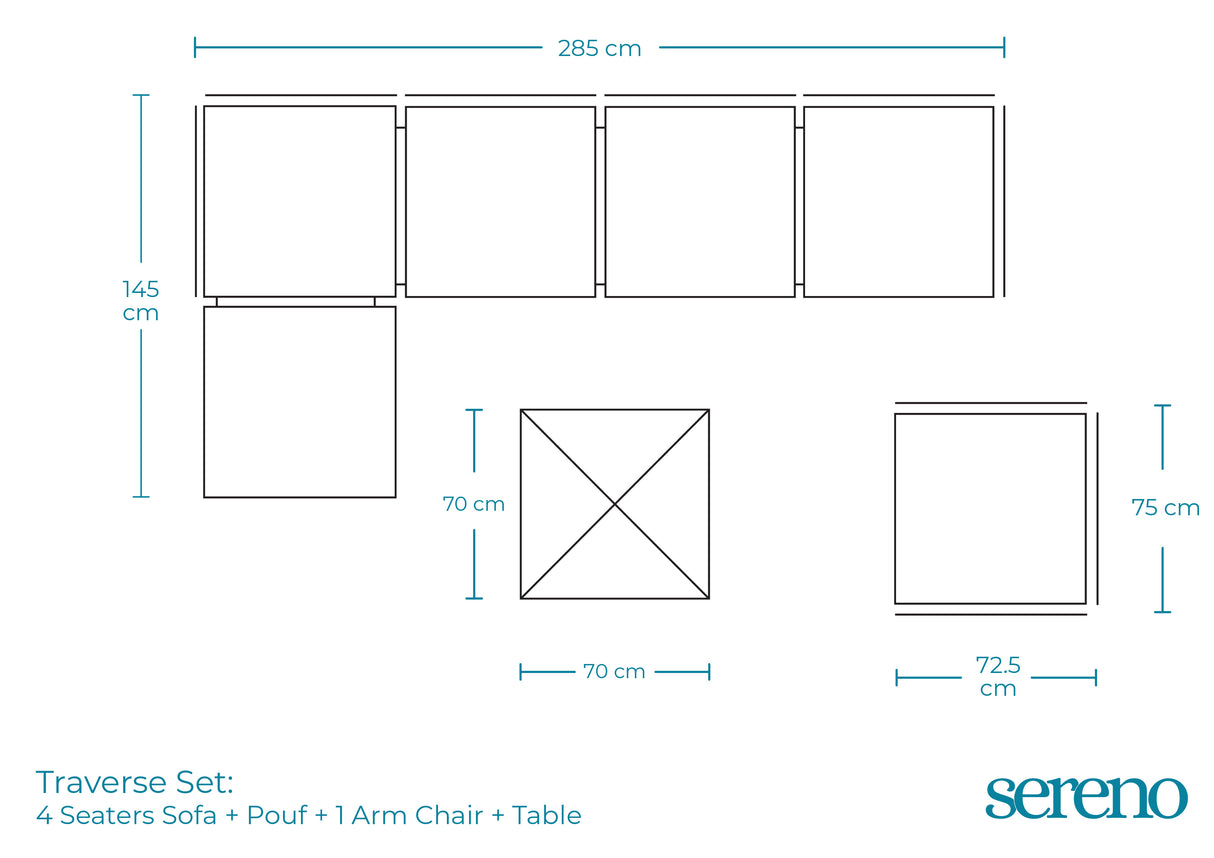 Traverse Set (4 Seaters Sofa With Pouf, Table and Arm Chair ) - Dimensions