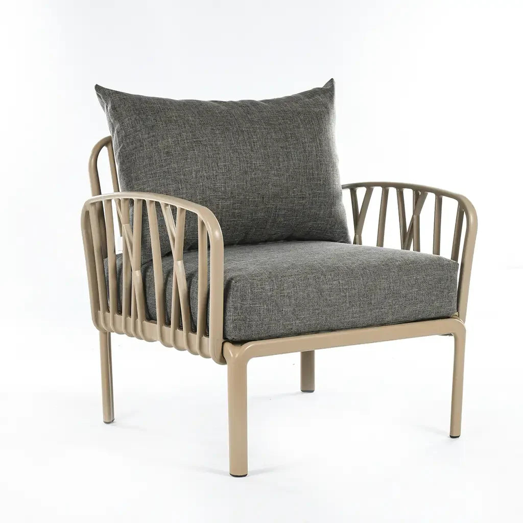 Dark grey cushions, Beige Furniture Traverse Chair โ Stylish & durable outdoor seating