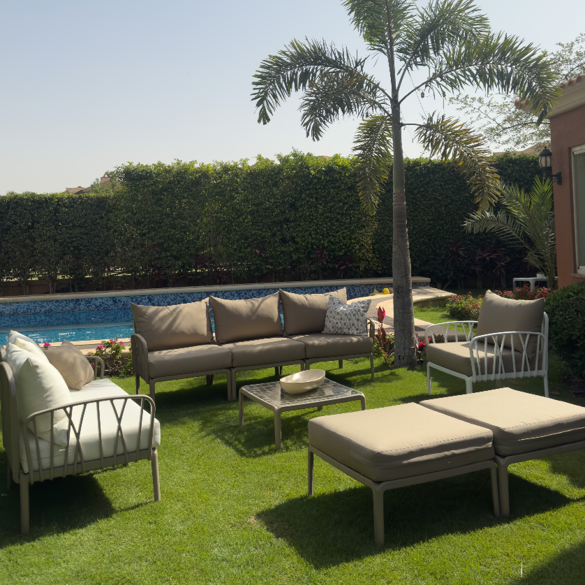 Traverse Set (5 Seaters L-shape With Corner Table, Middle Table and Arm Chair) for Outdoor Furniture โ Modern L-shape outdoor set with tables and armchair for garden or patio.