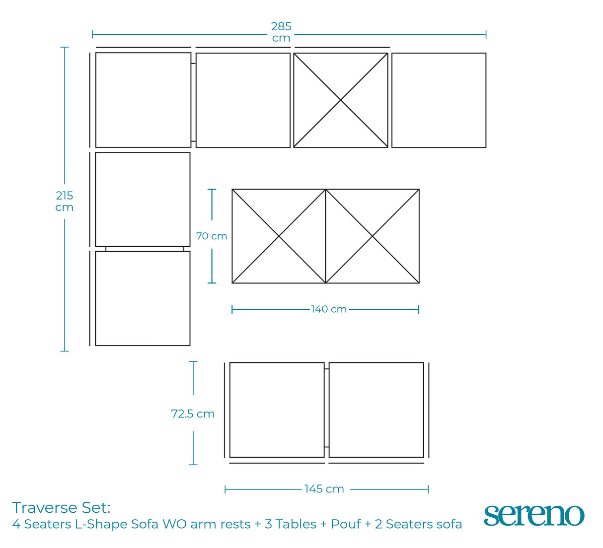 Traverse Set (4 Seaters L-Shape Sofa WO arm rests + 3 Tables + Pouf + 2 Seaters sofa) - Dimensions