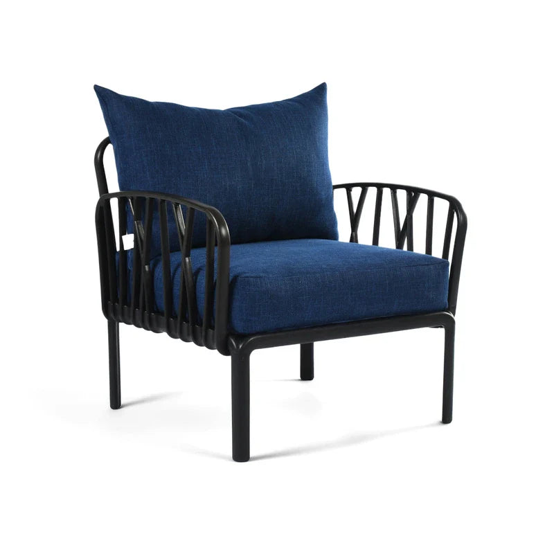 Blue cushions, Black Furniture Traverse Chair โ Stylish & durable outdoor seating
