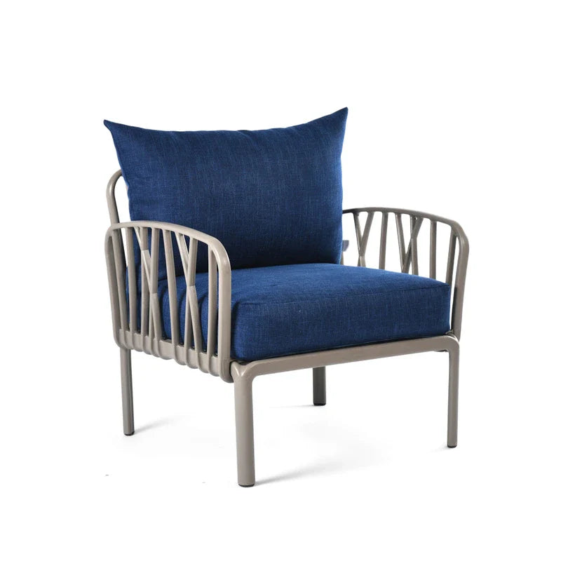 Blue cushions, Dark beige Furniture Traverse Chair โ Stylish & durable outdoor seating