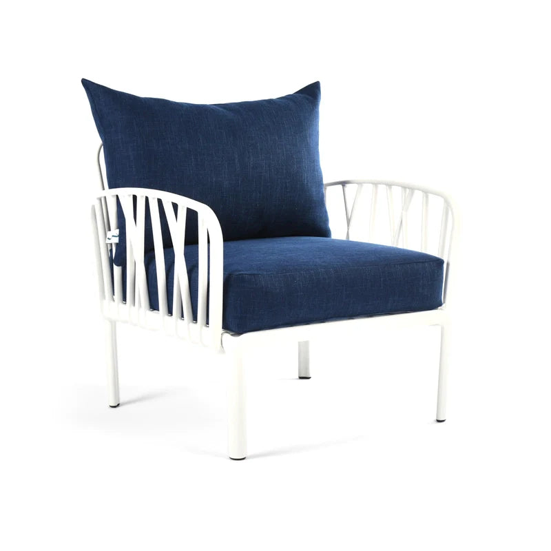 Blue cushions, white Furniture Traverse Chair โ Stylish & durable outdoor seating
