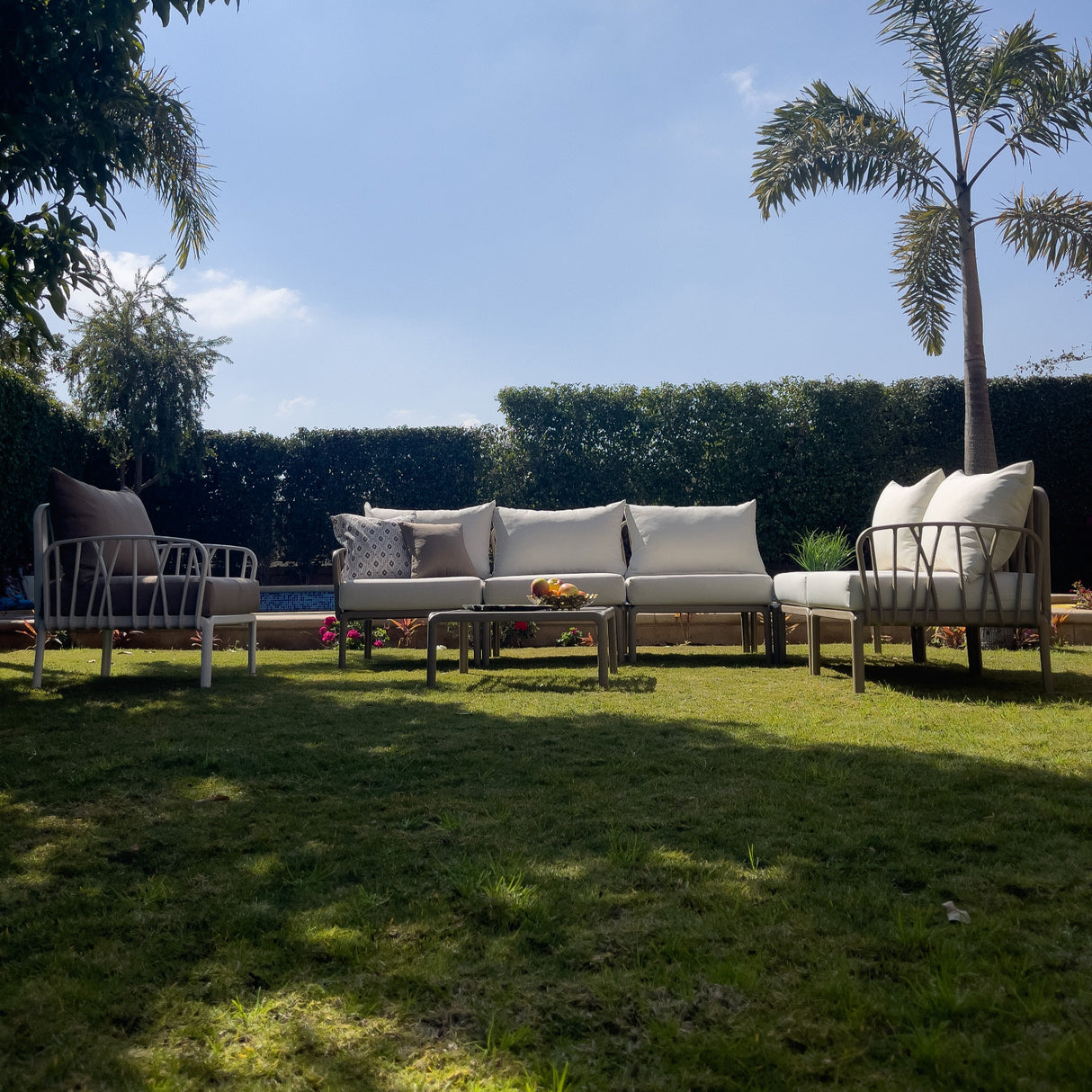 Traverse Set (5 Seaters L-shape With Corner Table, Middle Table and Arm Chair) for Outdoor Furniture โ Stylish and spacious L-shape seating with two tables and armchair for ultimate outdoor comfort.