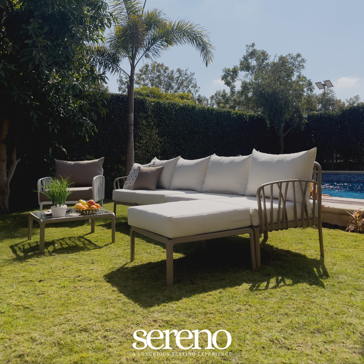 Traverse Set (4 Seaters Sofa With Pouf, Table and Arm Chair) for Outdoor Furniture โ Stylish set with sofa, pouf, table, and armchair for outdoor relaxation and dining.