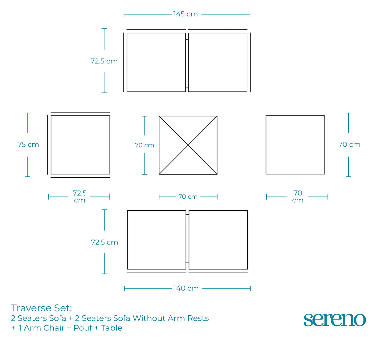 Traverse Two Seaters Sofa + 2 Seaters Sofa without Arm Rests + Chair + Pouf + Table - Dimensions
