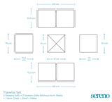 Traverse Two Seaters Sofa + 2 Seaters Sofa without Arm Rests + Chair + Pouf + Table - Dimensions