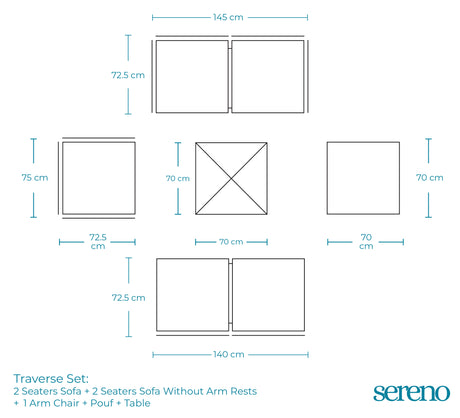 Traverse Two Seaters Sofa + 2 Seaters Sofa without Arm Rests + Chair + Pouf + Table - Dimensions