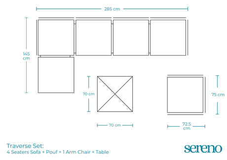 Traverse Set (4 Seaters Sofa With Pouf, Table and Arm Chair ) - Dimensions