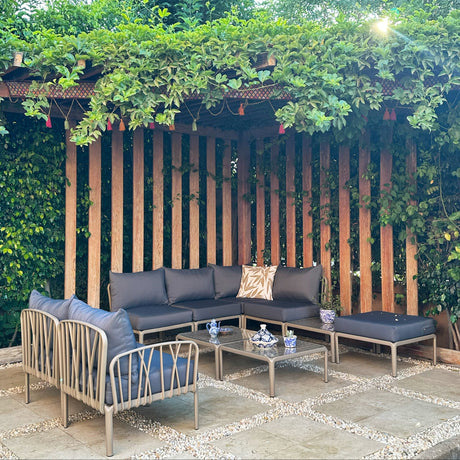 Traverse Set (4 Seaters L-Shape Sofa WO Arm Rests + 3 Tables + Pouf + 2 Seaters Sofa) for Outdoor Furniture – Modern outdoor set with L-shape and two-seater sofas, tables, and pouf for relaxation.