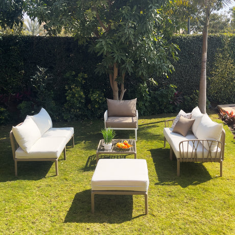 Traverse Two Seaters Sofa + 2 Seaters Sofa without Arm Rests + Chair + Pouf + Table for Outdoor Furniture – Stylish outdoor set with sofas, pouf, chair, and table for your garden or patio.