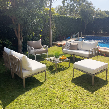 Traverse Two Seaters Sofa + 2 Seaters Sofa without Arm Rests + Chair + Pouf + Table for Outdoor Furniture – Complete outdoor set with two-seater sofas, chair, pouf, and table.