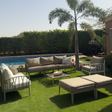 Traverse Set (5 Seaters L-shape With Corner Table, Middle Table and Arm Chair) for Outdoor Furniture – Modern L-shape outdoor set with tables and armchair for garden or patio.