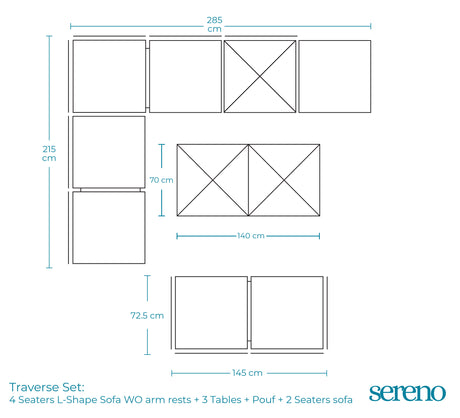 Traverse Set (4 Seaters L-Shape Sofa WO arm rests + 3 Tables + Pouf + 2 Seaters sofa) - Dimensions