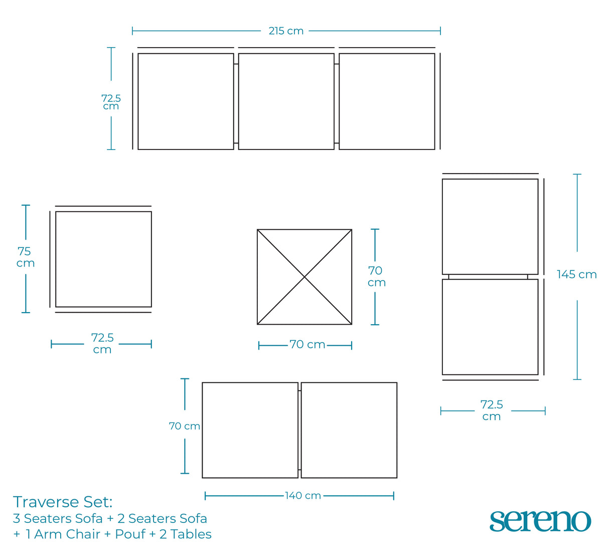 Traverse Three Seaters Sofa + 2 Seaters Sofa + Chair + 2 Pouf + Table - Dimensions