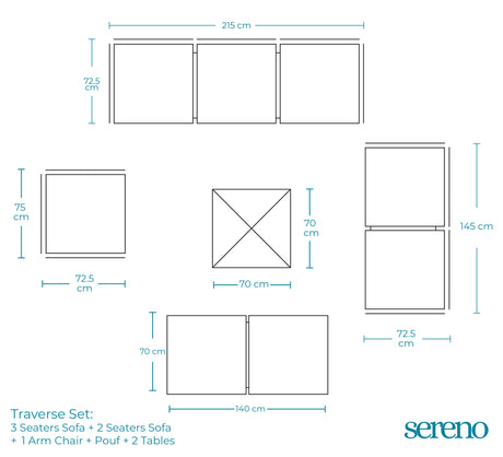 Traverse Three Seaters Sofa + 2 Seaters Sofa + Chair + 2 Pouf + Table - Dimensions