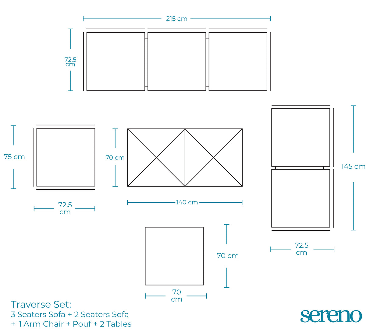 Traverse Three Seaters Sofa + 2 Seaters Sofa + Chair + Pouf + 2 Tables - Dimensions