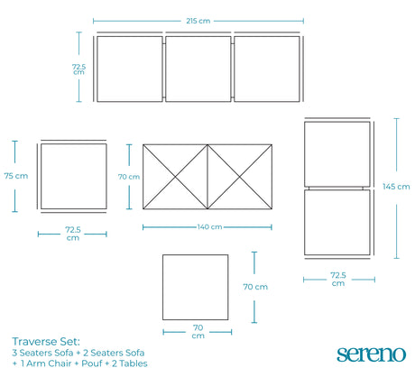 Traverse Three Seaters Sofa + 2 Seaters Sofa + Chair + Pouf + 2 Tables - Dimensions