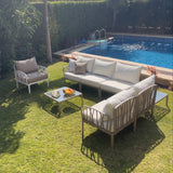 Traverse Set (5 Seaters L-shape With Corner Table, Middle Table and Arm Chair) for Outdoor Furniture – Complete set with L-shaped seating, tables, and armchair for comfortable outdoor gatherings.