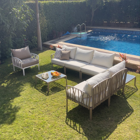 Traverse Set (5 Seaters L-shape With Corner Table, Middle Table and Arm Chair) for Outdoor Furniture – Complete set with L-shaped seating, tables, and armchair for comfortable outdoor gatherings.