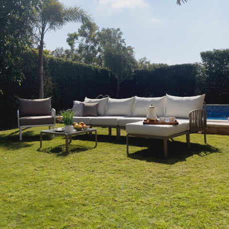 Traverse Set (4 Seaters Sofa With Pouf, Table and Arm Chair) for Outdoor Furniture – Comfortable outdoor set with sofa, pouf, table, and armchair for patios and gardens.
